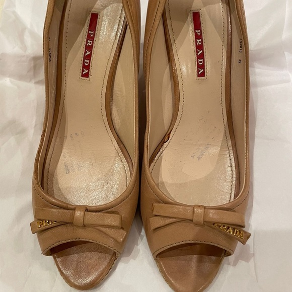 Prada Leather and Cork Nude Wedge with Bow and Trim Accent Size 39 with box - Picture 2 of 5